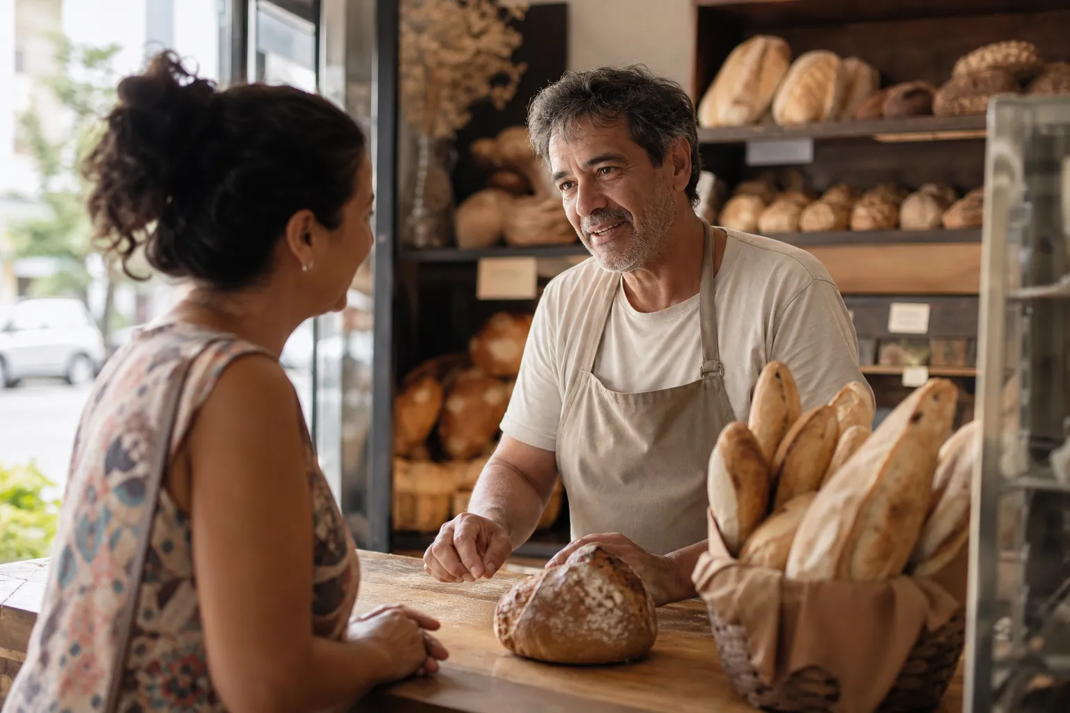 Dono de padaria de bairro conversando com uma cliente no balcão, com pães frescos ao fundo