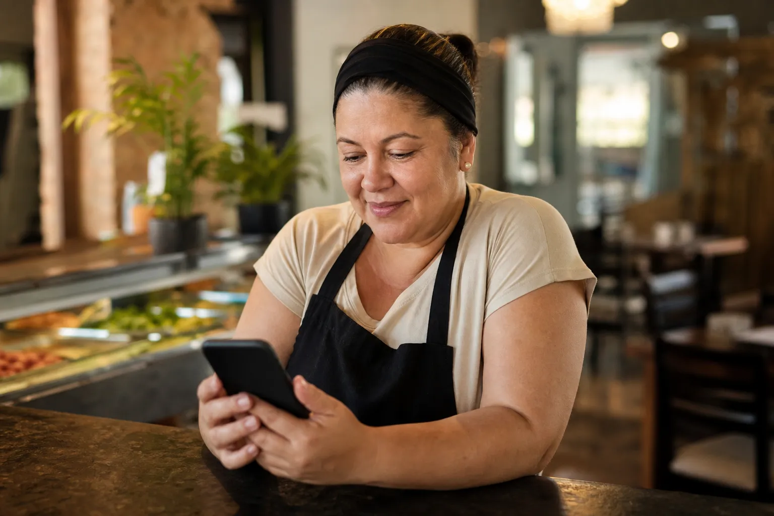 Dona de restaurante por quilo lendo mensagens de clientes no celular atrás do balcão