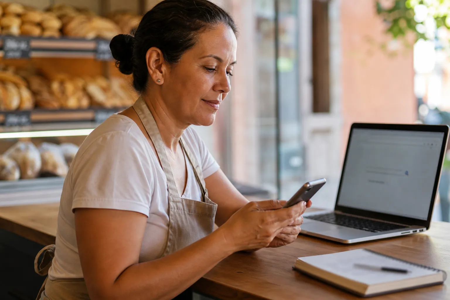 Dona de padaria pesquisa no celular ao lado do notebook, no balcão da loja
